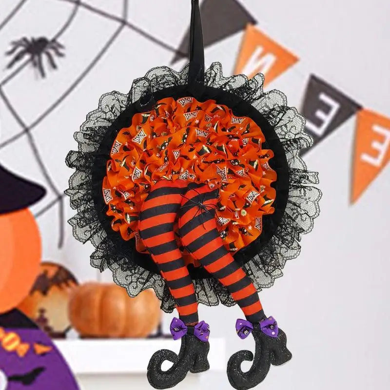 Halloween Witch Leg Wreath – Spooky Door Decoration Prop Halloween Door Wreath Axl
