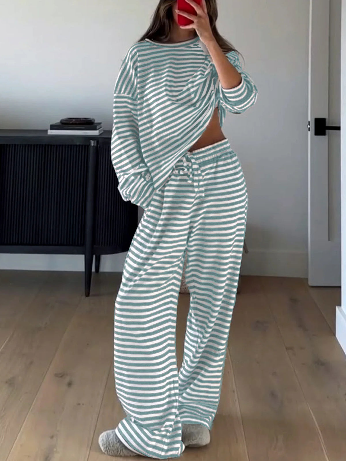 Women's Striped Pajama Set – Long Sleeve 2-Piece Loungewear Women's Pajama Set Axl green 1XL