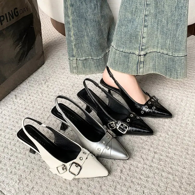 YBQJOO Women's Kitten Heel Sandals | Pointed Toe Buckle Strap Kitten Heel Sandals Axl