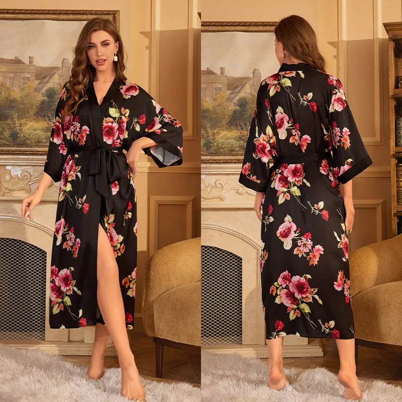 Women's Floral Satin Kimono Robe – Lace-Up Silk Bathrobe Satin Kimono Robe Axl 09 One Size