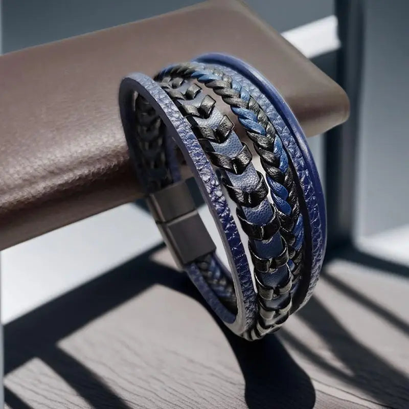 Men's Multilayer Braided Leather Wrap Bracelet | Magnetic Buckle Leather Wrap Bracelet Axl