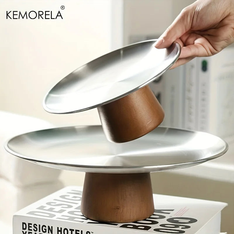 KEMORELA Stainless Steel Cake Tray with Wooden Base | Korean Style Decorative Serving Tray Axl