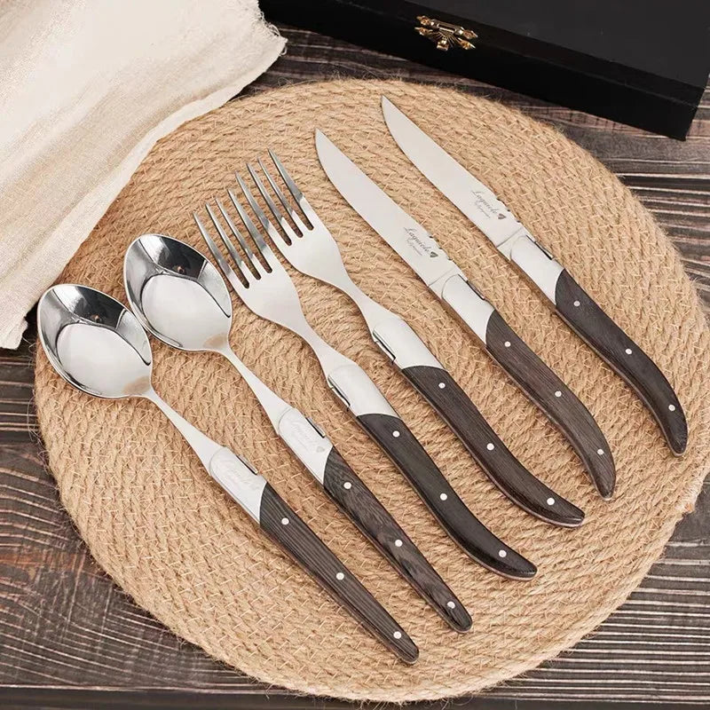6-Piece Laguiole-Style Steak Cutlery Set – Wenge Wood Handle Cutlery Flatware Set Axl