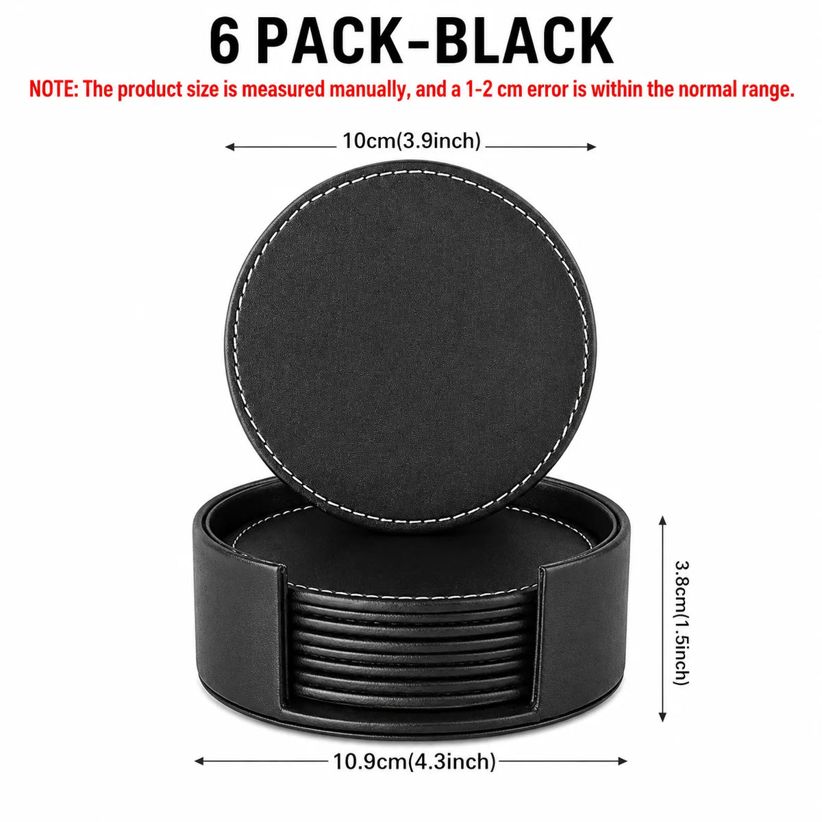6-Piece PU Leather Coasters with Holder – Waterproof & Heat Resistant Leather Coaster Set Axl 6 PACK Black