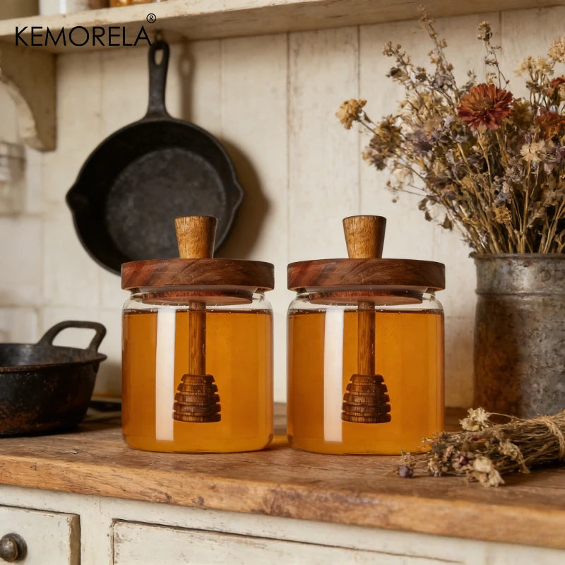 Glass Honey Jar with Dipper & Lid | Wide Mouth Syrup Dispenser Glass Honey Jar Axl 2PCS