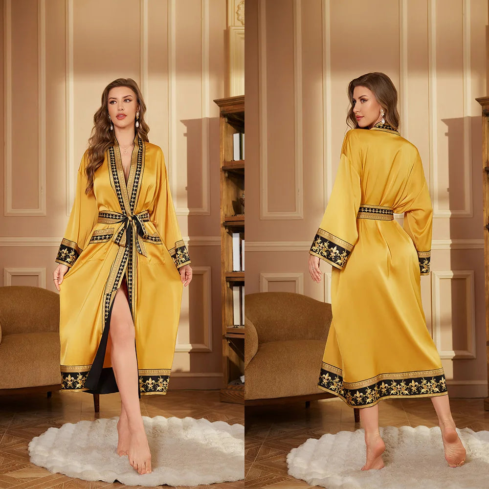 Women's Long Sleeve Printed Lace-Up Robe | Casual Bathrobe Women's Bathrobe Axl yellow One Size