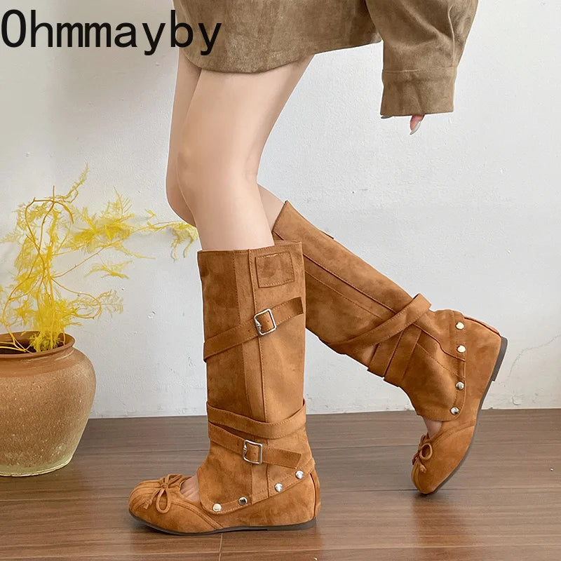 Women's Vintage Hollow Wedge Boots | Multi-Buckle Slip-On Wedge Boots Axl
