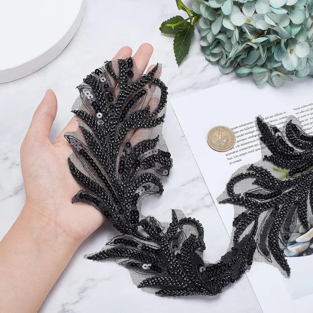 Black Sequin Beaded Lace Trim Ribbon – 1 Yard, 125mm Wide Sequin Lace Trim Axl