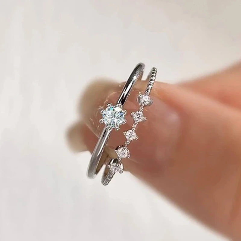 Huitan 2-Piece Stackable Silver CZ Thin Rings Set for Women Stackable Ring Set Axl