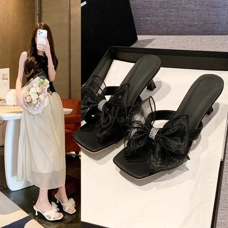 Women's Lace Bow High Heel Slides – Square Toe Summer Sandals High Heel Slides Axl