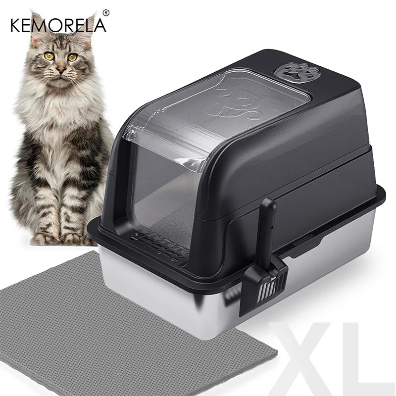 KEMORELA XL Enclosed Stainless Steel Cat Litter Box with Lid Cat Litter Box Axl Black
