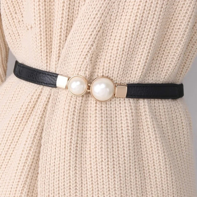 Pearl Buckle Elastic Waist Belt – PU Leather Women's Thin Belt Women's Waist Belt Axl