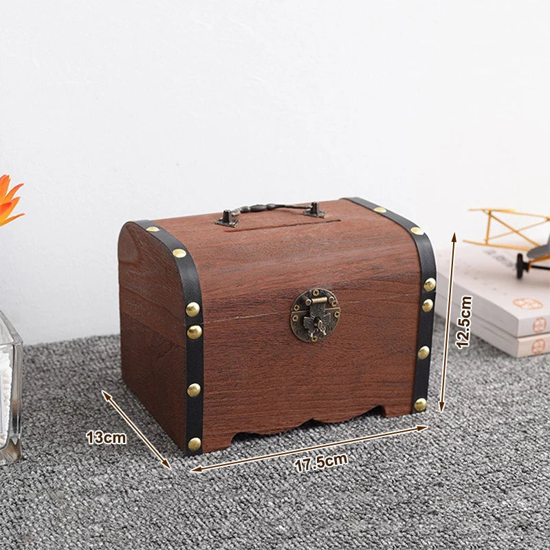Vintage Wooden Treasure Chest with Lock | Piggy Bank & Decor Decorative Storage Box Axl A2