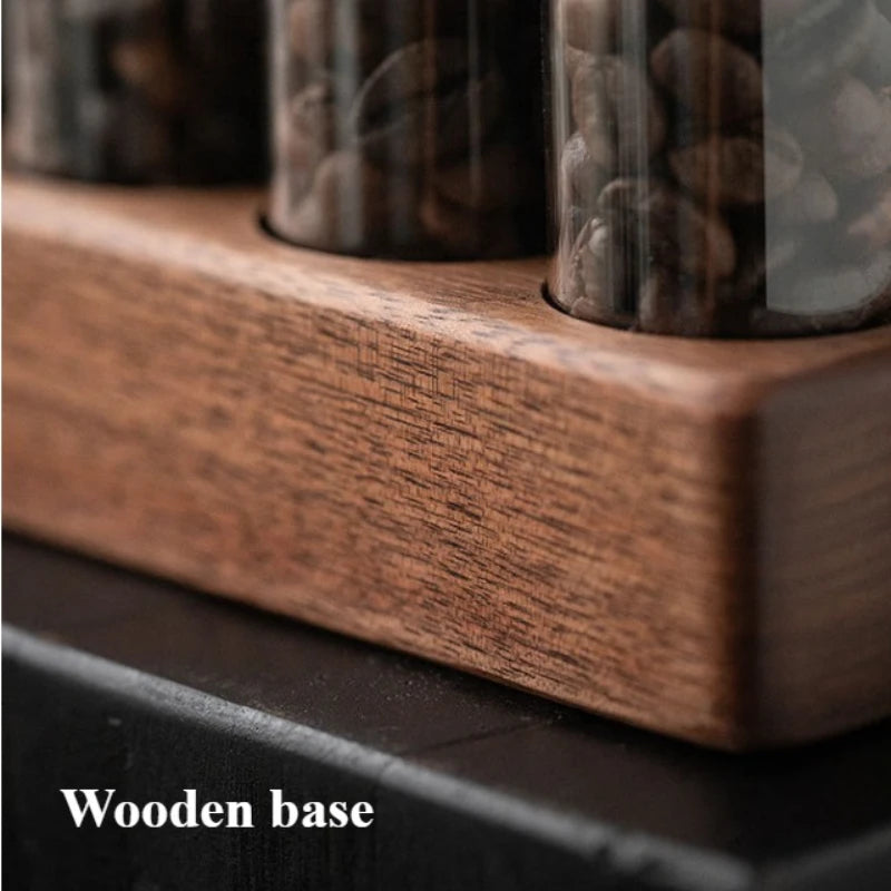 Glass Coffee Bean Storage Jars & Walnut Wood Display Stand Glass Storage Jar Set Axl