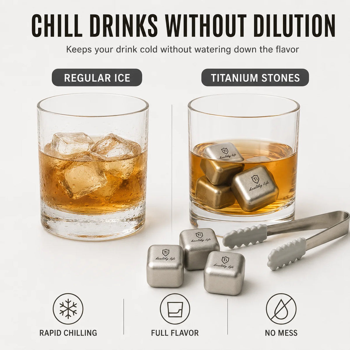 Titanium Stainless Steel Reusable Ice Cubes Set with Tongs Whiskey Stones Set Axl