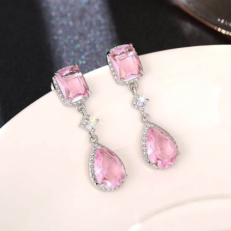Huitan Pink & Yellow CZ Pear Dangle Earrings for Women CZ Dangle Earrings Axl