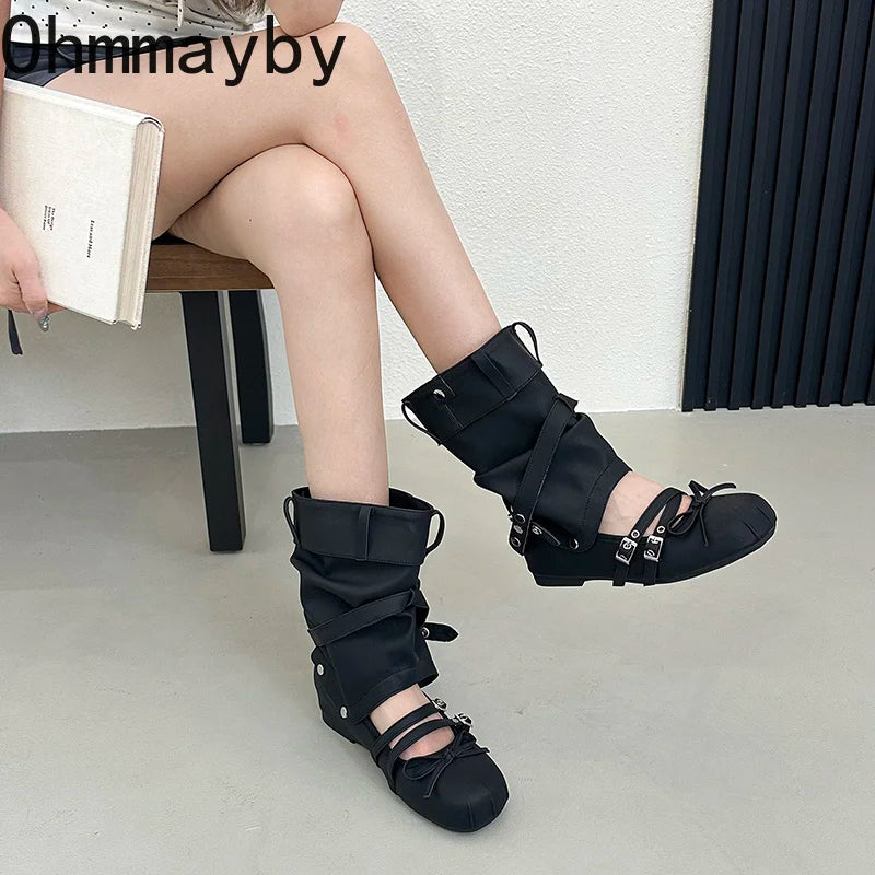 Women's Vintage Suede Mid-Calf Booties | Multi Buckle Wedge Mid-Calf Wedge Booties Axl