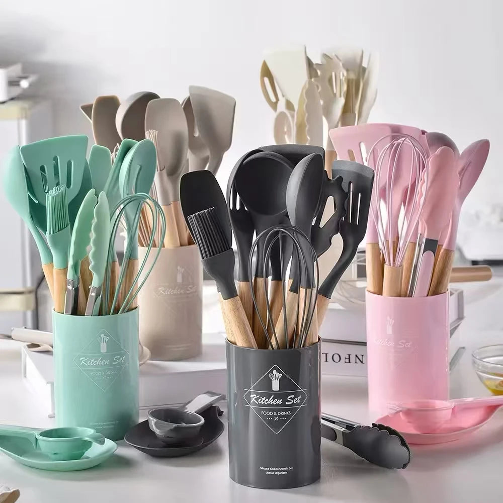 12-Piece Silicone Kitchen Utensil Set – Wood Handles & Bucket Kitchen Utensil Set Axl