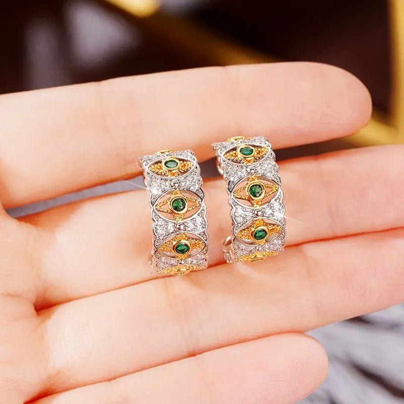 Huitan Two-Tone Hoop Earrings – Green & White Cubic Zirconia Hoop Earrings Axl