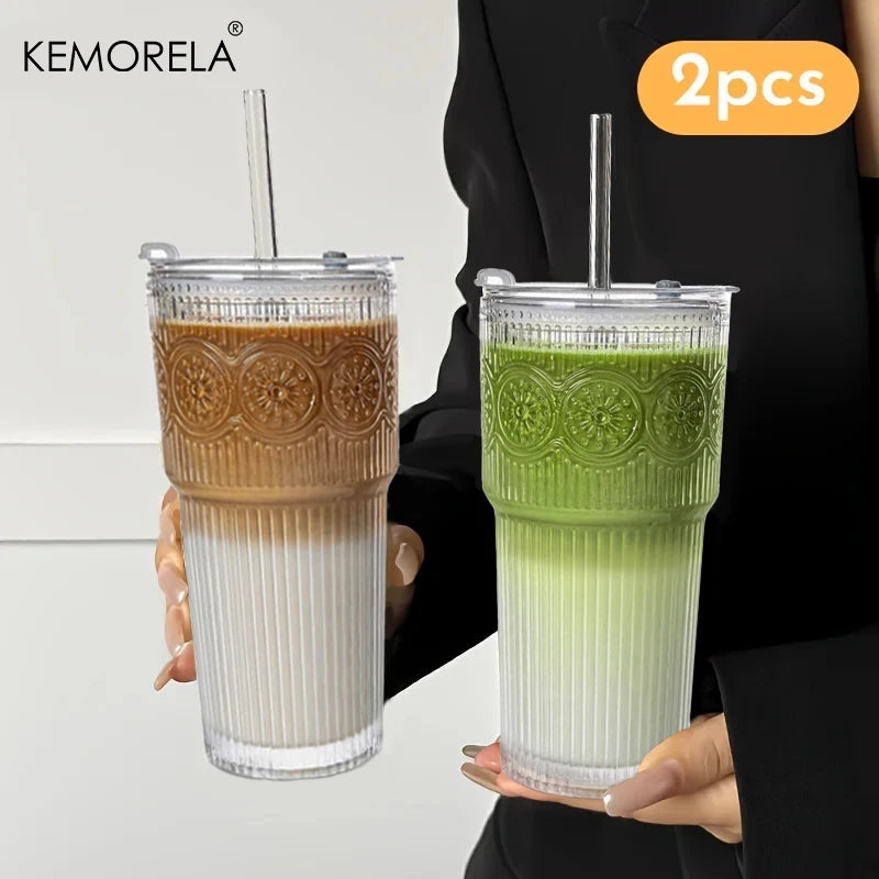 KEMORELA 600ml Floral Glass Tumblers with Lid & Straw Glass Tumbler Set Axl 2PCS 600ML