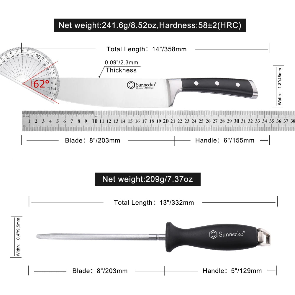 Sunnecko 8" Chef Knife & Sharpening Rod Set – 2-Piece Kitchen Kit Kitchen Knife Set Axl
