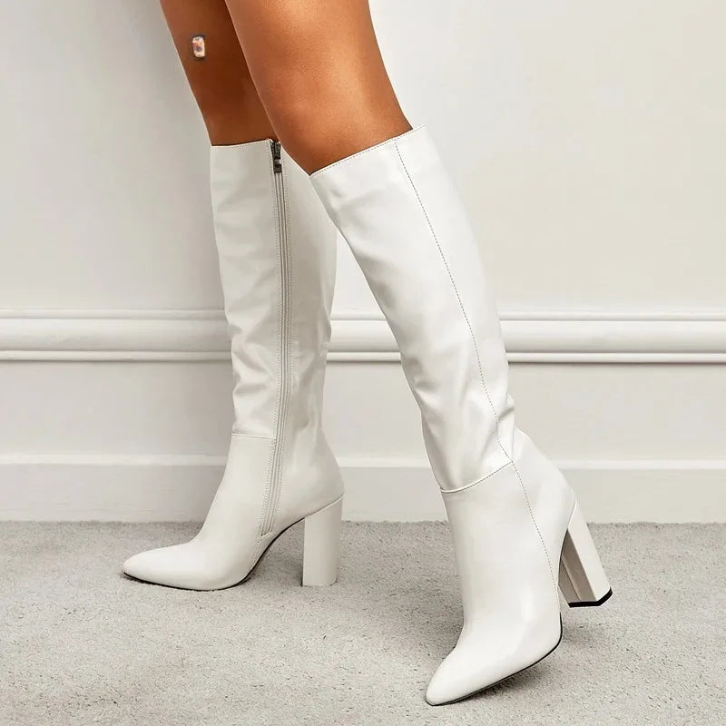 Women's Knee-High Boots | Chunky Heel Pointed Toe Zipper Booties Knee-High Boots Axl