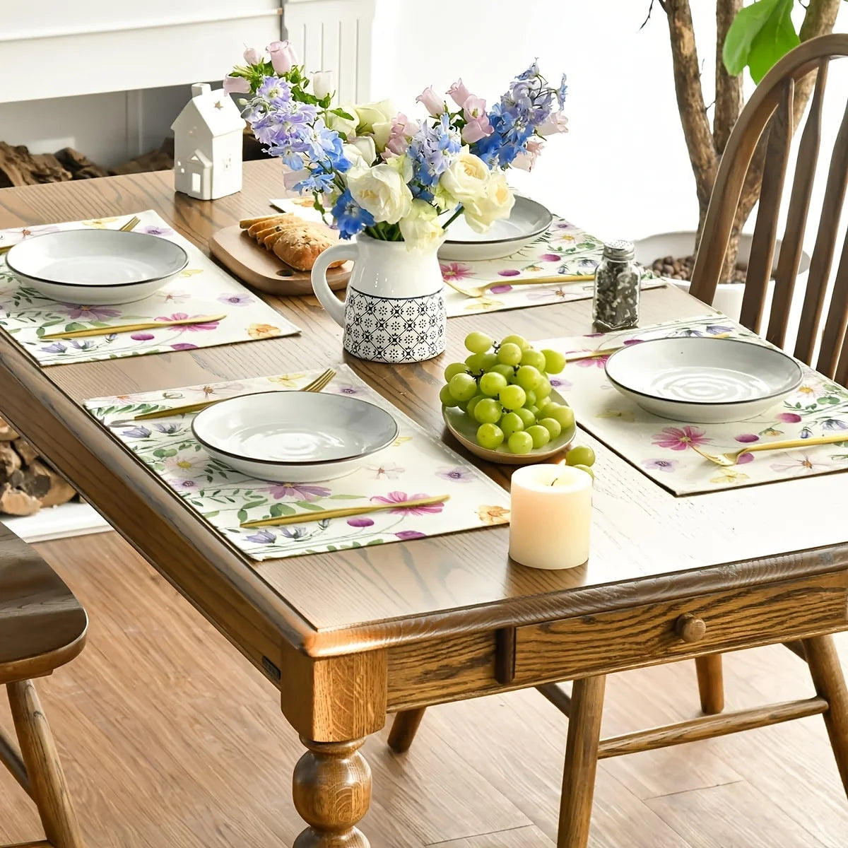 4-Pack Watercolor Wildflower Linen Placemats | Floral & Butterfly Linen Placemats Axl