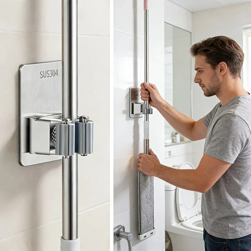 3-Pack No-Drill Wall-Mounted Mop & Broom Holder | Stainless Wall Hook Set Axl