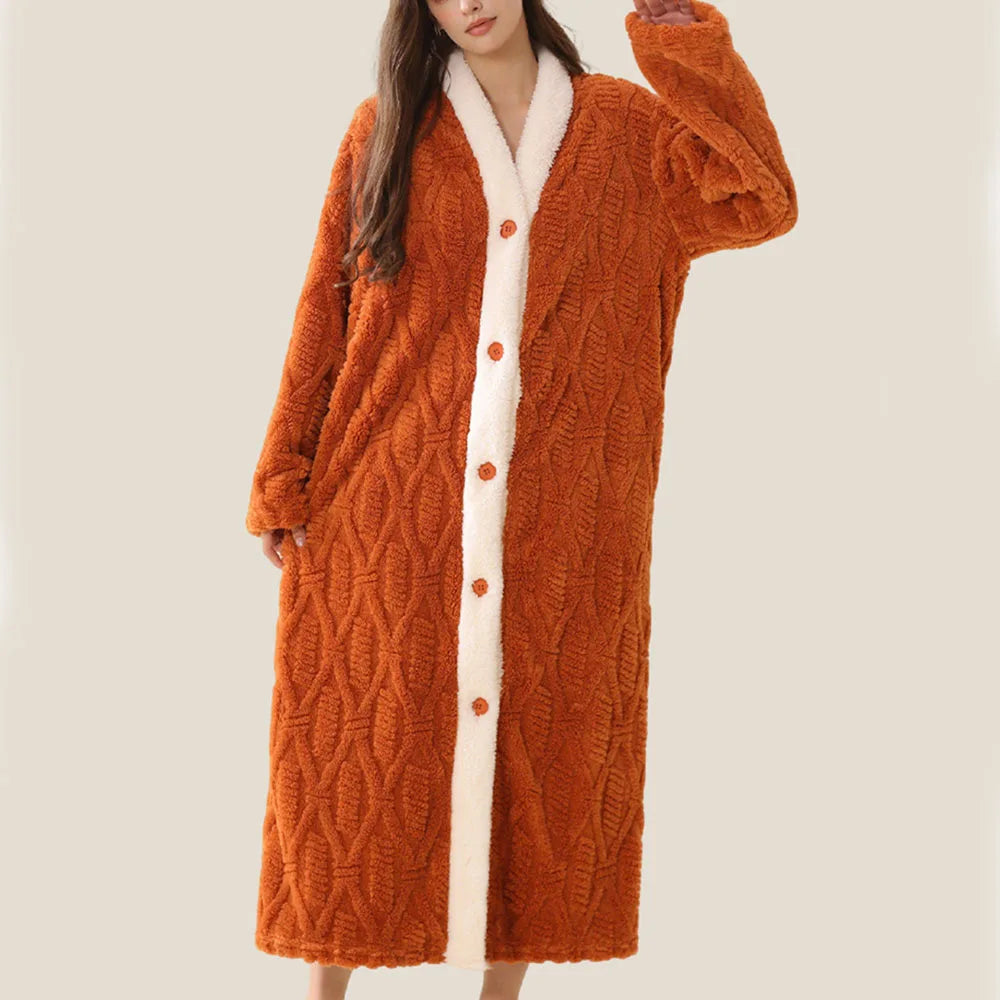 Women's Flannel Robe – Soft V-Neck Button Long Nightgown Women's Flannel Robe Axl