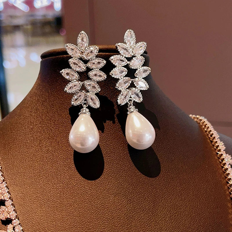 Huitan Pearl & CZ Crystal Dangle Earrings – Bridal Wedding Gift Pearl Drop Earrings Axl