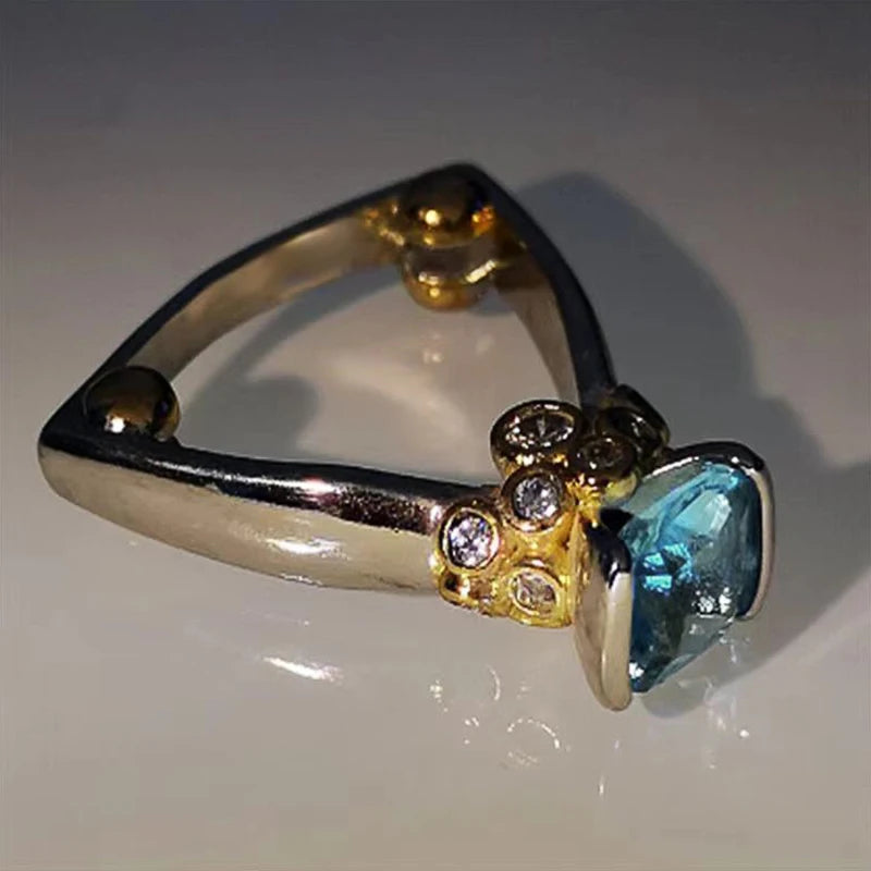 Huitan Blue CZ Two-Tone Triangular Band Ring for Women Women's Fashion Ring Axl