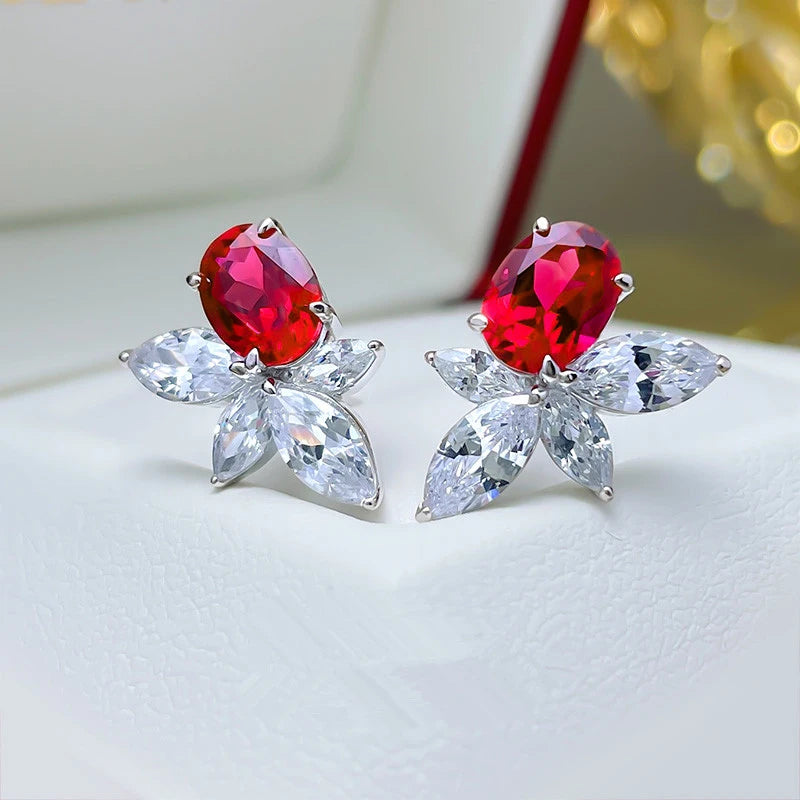 Huitan Red CZ Flower Stud Earrings – Silver-Tone Women's Jewelry CZ Stud Earrings Axl