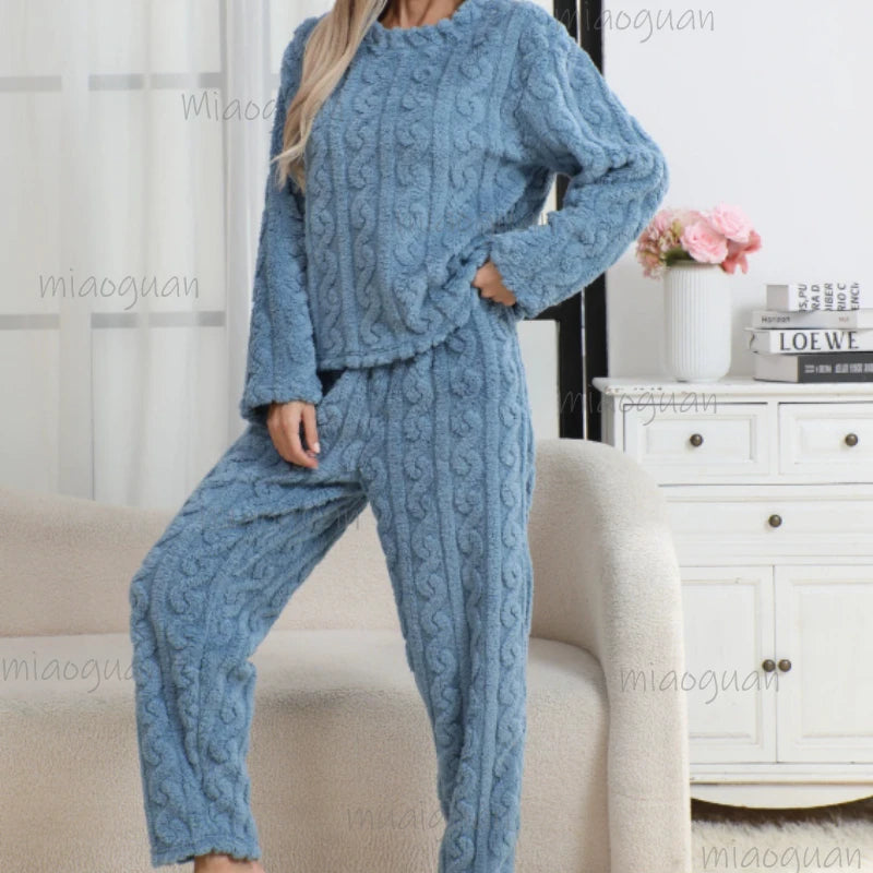 Women's Winter Coral Velvet Pajama Set – Warm Soft Loungewear Women's Pajama Set Axl Blue 1XL