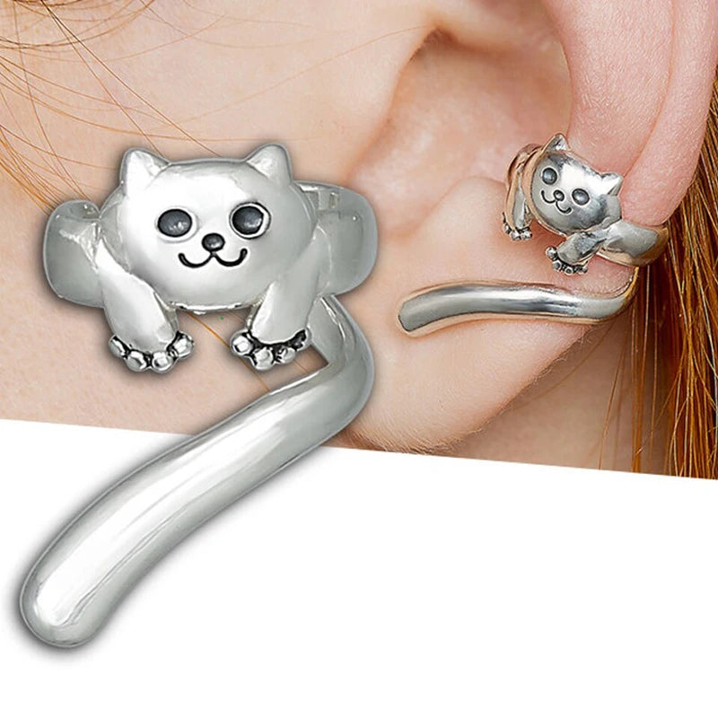 Huitan Vintage Fox Ear Cuff Clip Earrings – Antique Silver Women Clip-On Earrings Axl E3136