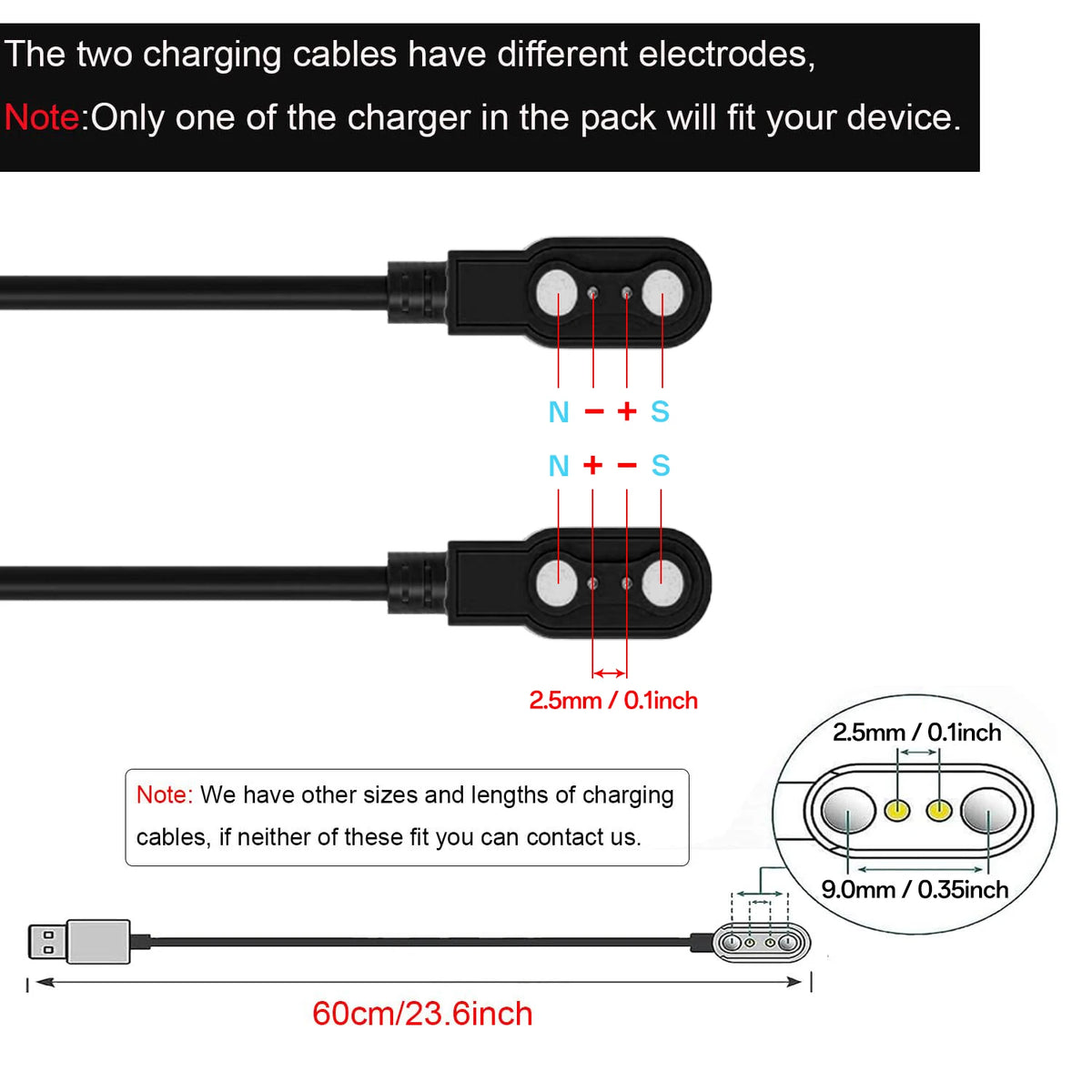 2-Pack 2-Pin 2.5mm Magnetic Smart Watch Charging Cable USB Smart Watch Charger Axl
