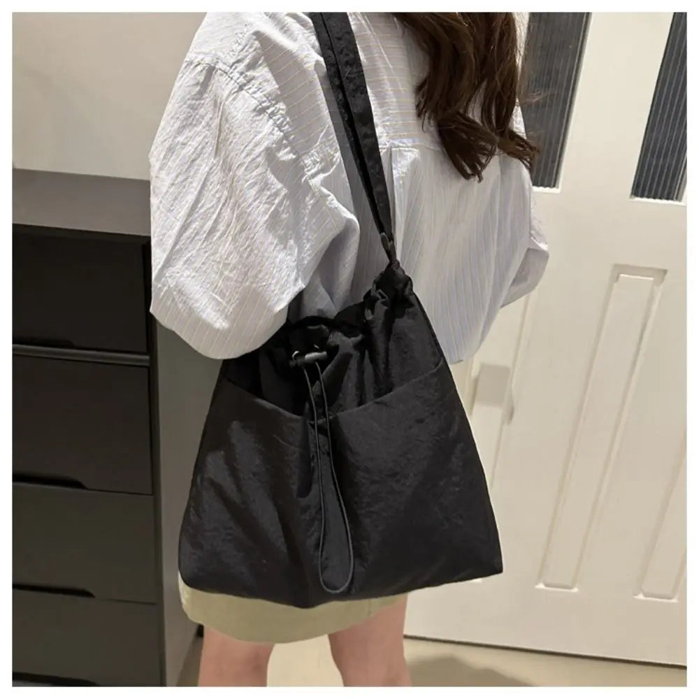 Women's Nylon Drawstring Tote – Waterproof Crossbody Bucket Bag Drawstring Bucket Bag Axl black-no pendant