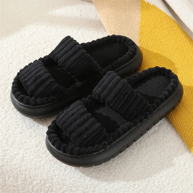 Women's Corduroy Plush Platform Slippers | Warm Furry Indoor Slides Women's Slippers Axl Black 42-43