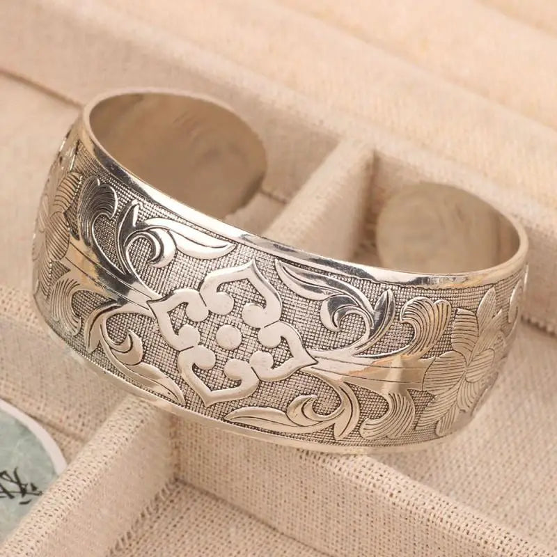 Bohemian Silver Wide Cuff Bracelet – Carved Flower Boho Jewelry Cuff Bracelet Axl A1