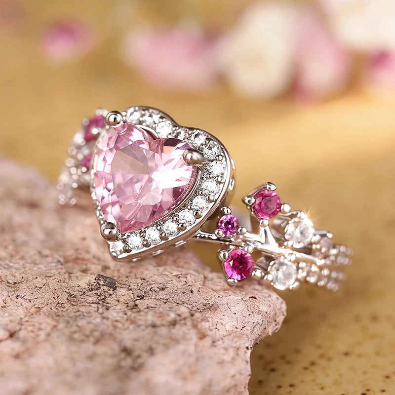 Huitan Pink Heart CZ Ring – Women's Wedding & Engagement Band CZ Fashion Ring Axl