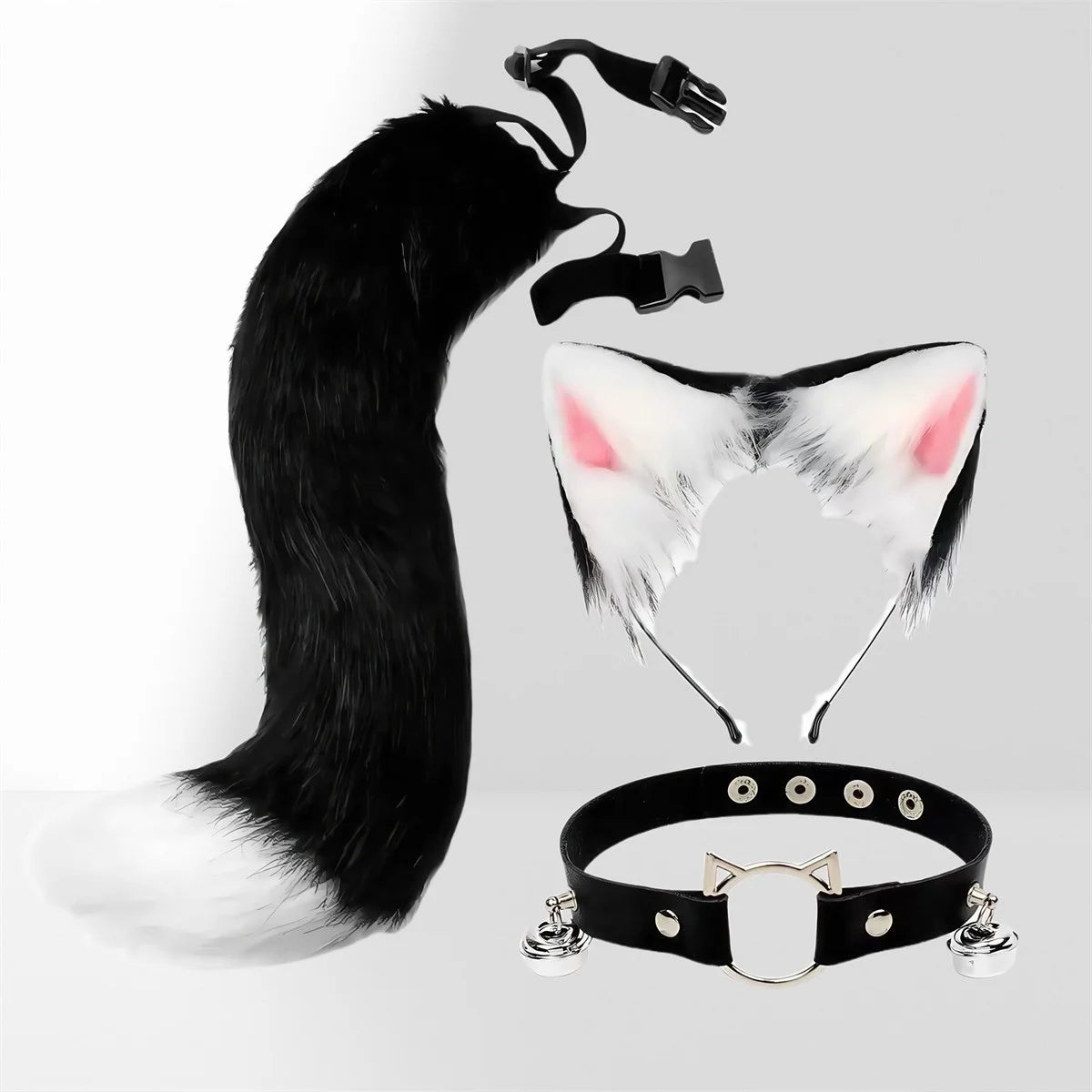 Cat & Fox Plush Tail – Anime Cosplay Halloween Costume Prop Cosplay Tail Prop Axl black-white-A