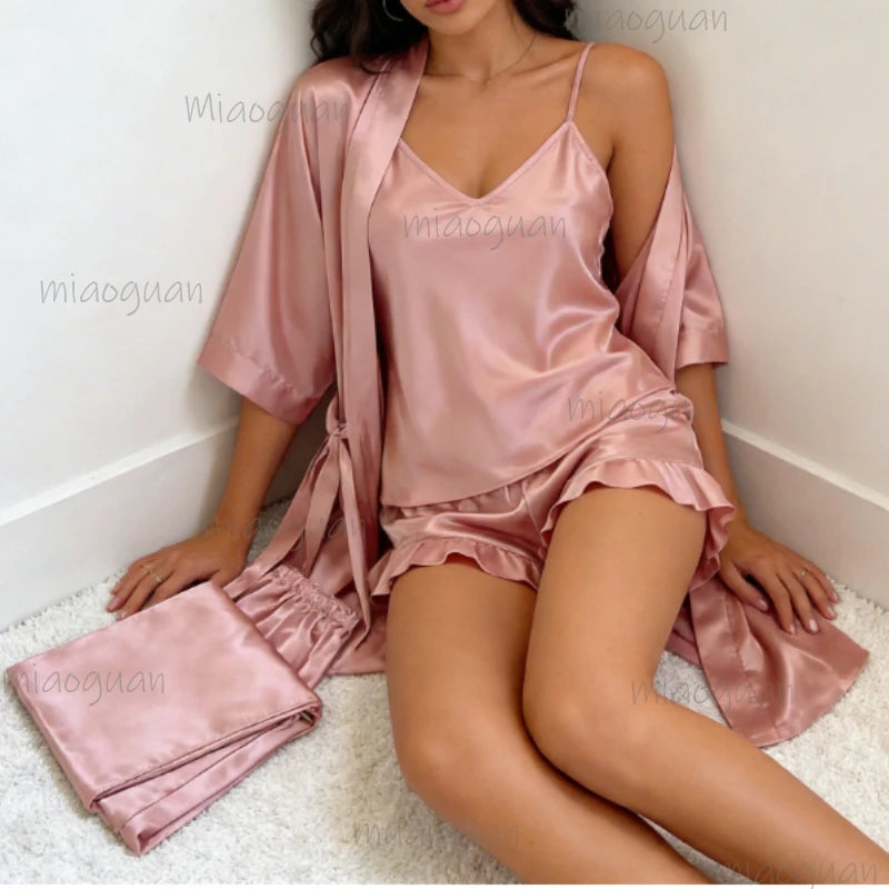 Women's 4-Piece Satin Kimono Pajama Set – Silky Loungewear Pajama Set Axl