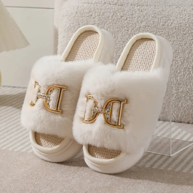 Women's Fluffy Fur Slides Buckle Decor Faux Fur Slippers Fluffy Fur Slides Axl White 36-37