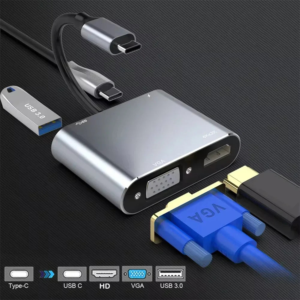4-in-1 USB-C Hub – 4K HDMI, VGA, USB 3.0 & 100W PD Charging USB-C Multiport Hub Axl