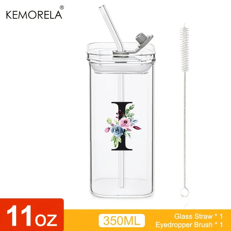 KEMORELA 300ml Letter-Shaped Glass Tumbler with Lid & Straw Glass Tumbler Axl I 300ML