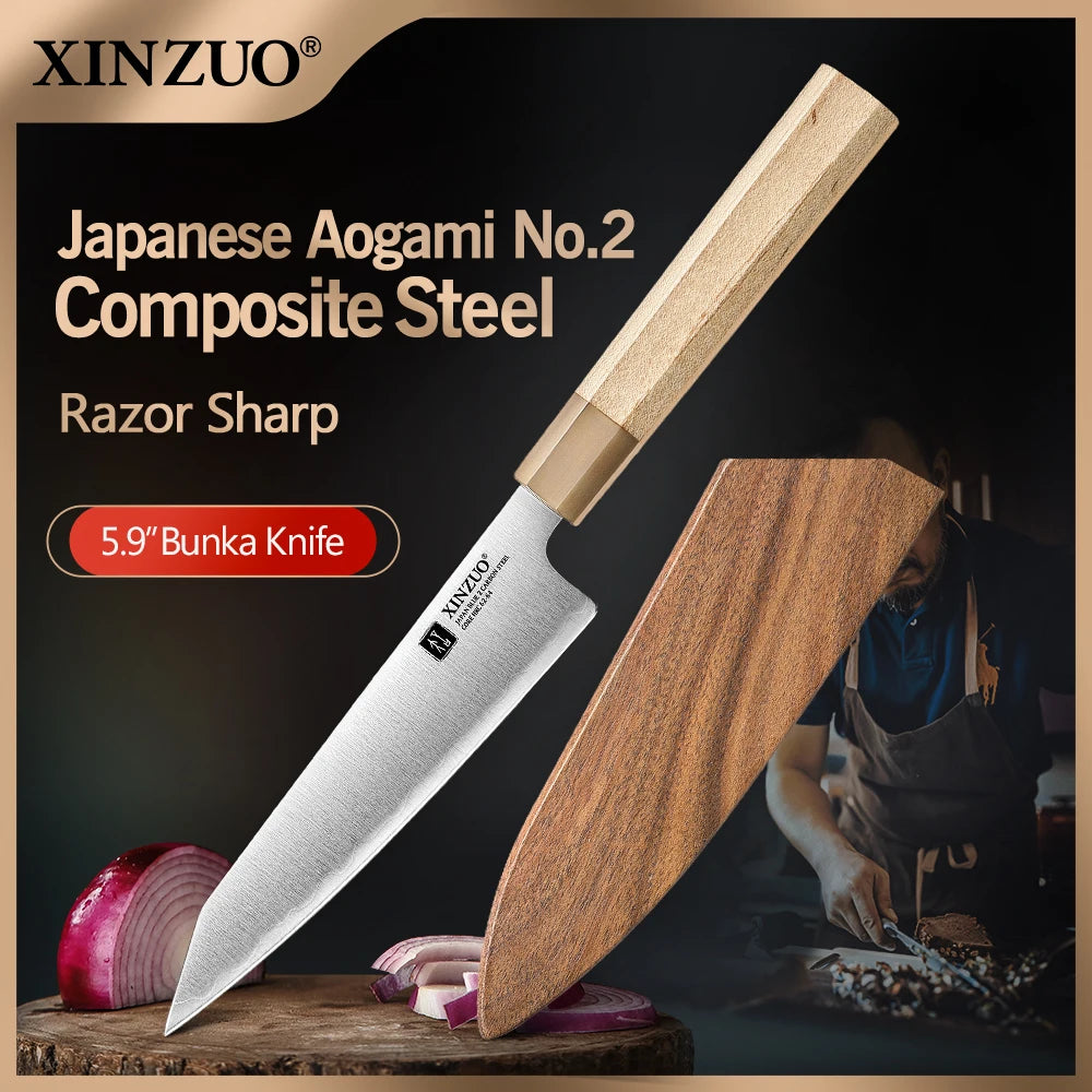 XINZUO 5.9" Japanese Bunka Knife – Aogami No.2 Carbon Steel Japanese Kitchen Knife Axl
