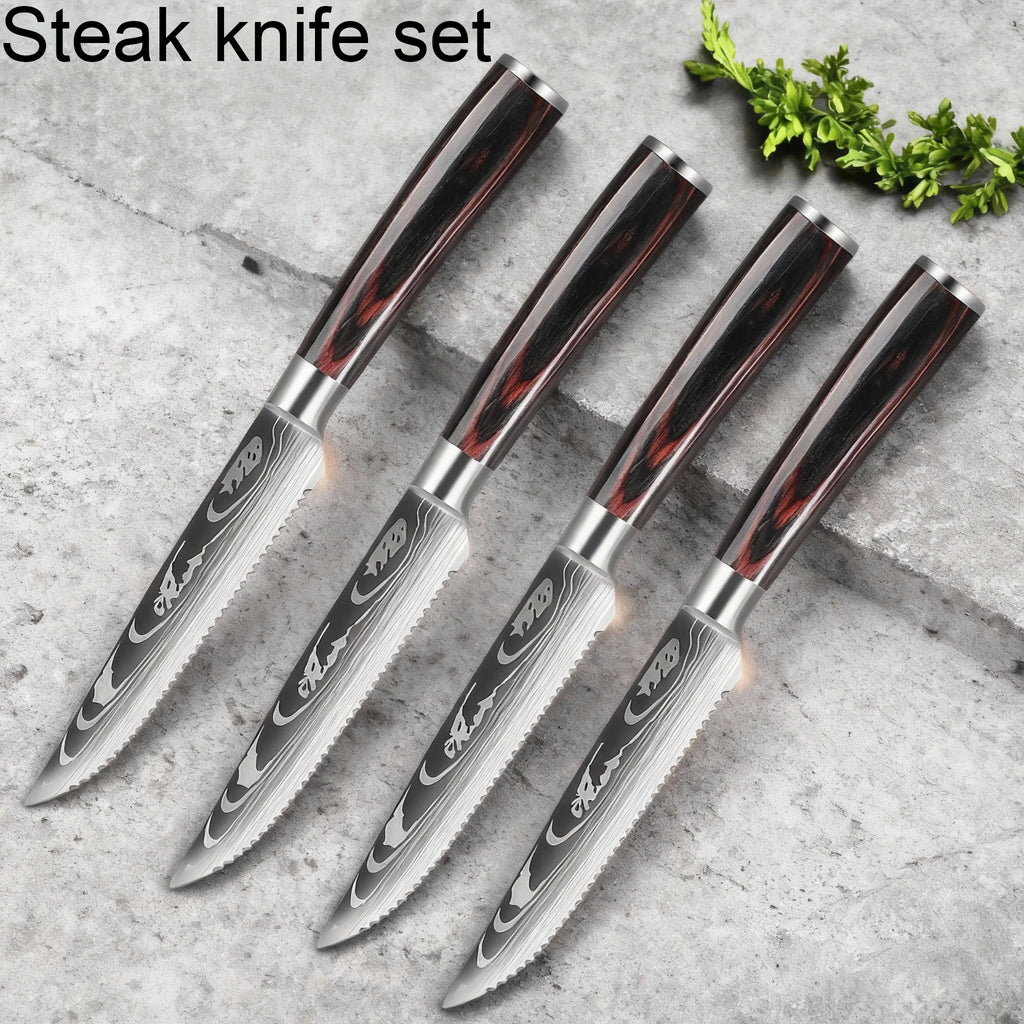 Damascus Steak Knife Set 1–8 Piece | 4.5" Laser-Pattern Blades Steak Knife Set Axl
