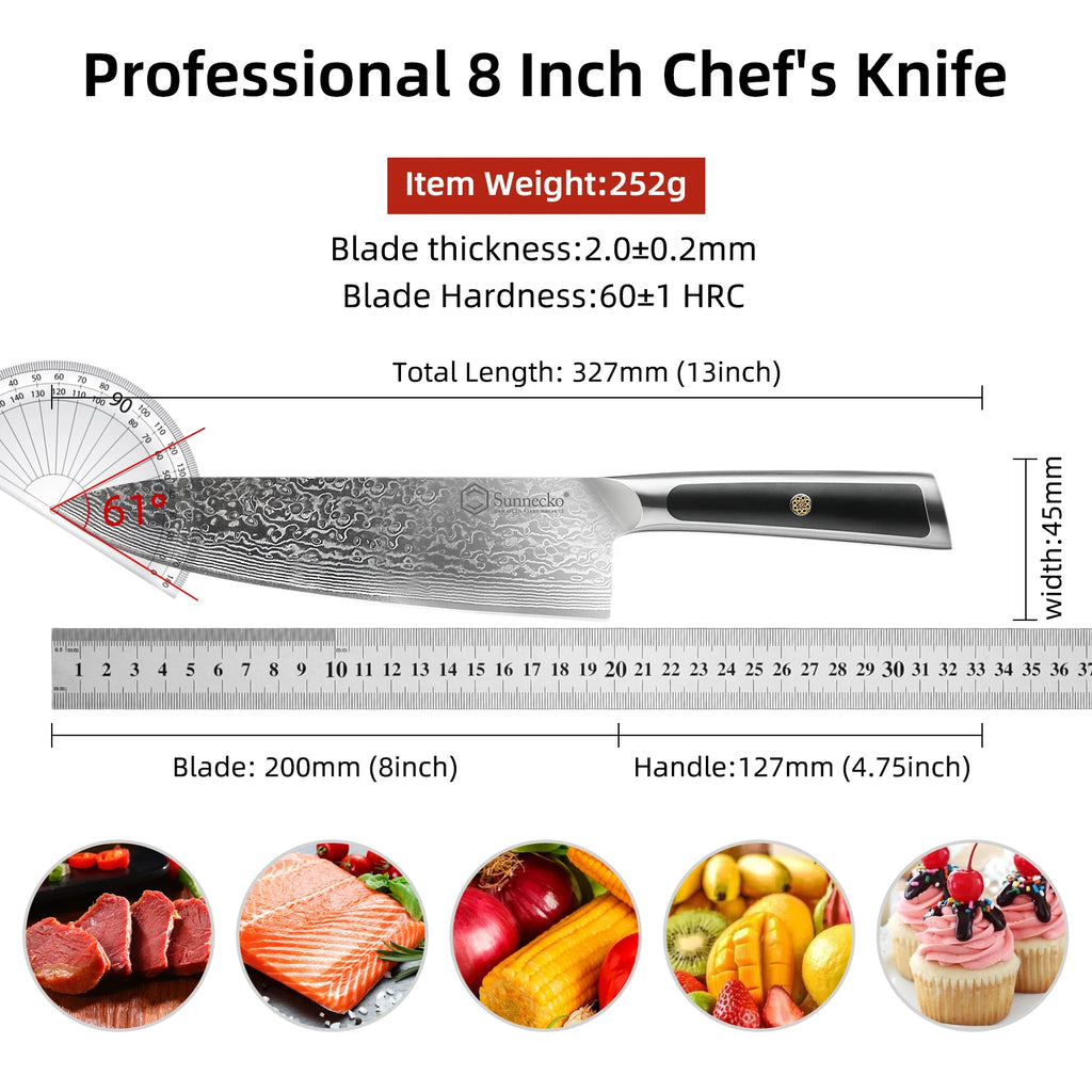 Sunnecko 8" VG10 Damascus Steel Chef's Knife – Gyuto Gyuto Damascus Chef Knife Axl