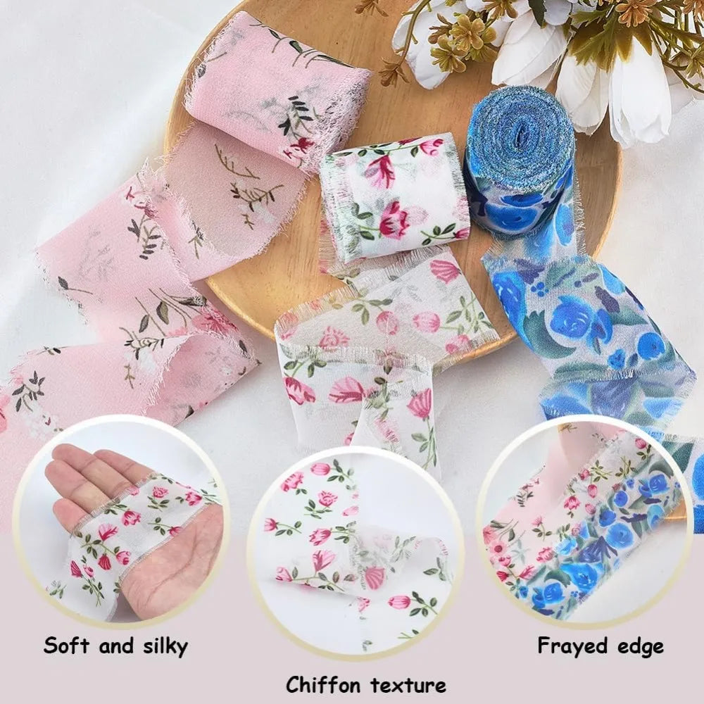 Flower Pattern Polyester Ribbon Set – 3 Rolls Fringe Raw Edge Craft Ribbon Set Axl