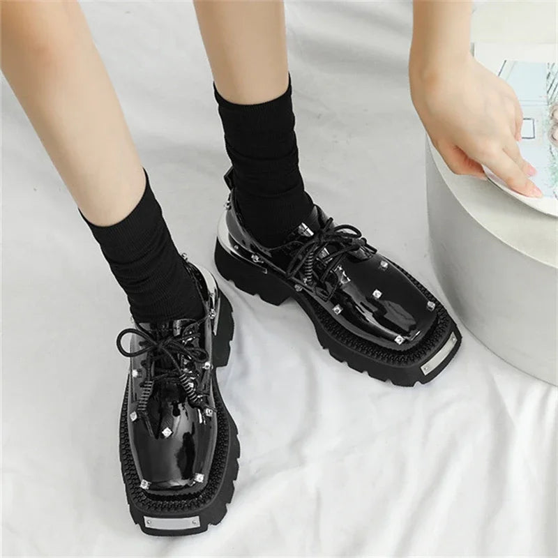 Women's Platform Oxford Derby Shoes | Square Toe Rivet Lace-Up Platform Oxford Shoes Axl