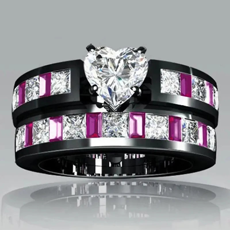Huitan Punk 2-Piece CZ Ring Set – Y2K Black Stacking Rings CZ Stacking Ring Set Axl Q750 8